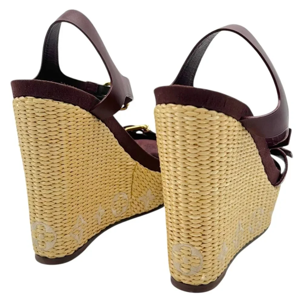 Louis Vuitton Raffia Logo & Burgundy Leather Platform Wedge Sandals - Picture 8 of 10